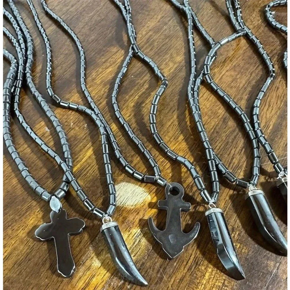 8Pc Hematite Pendant Necklace Lot Horn Cross Anchor Fish Beaded Boho